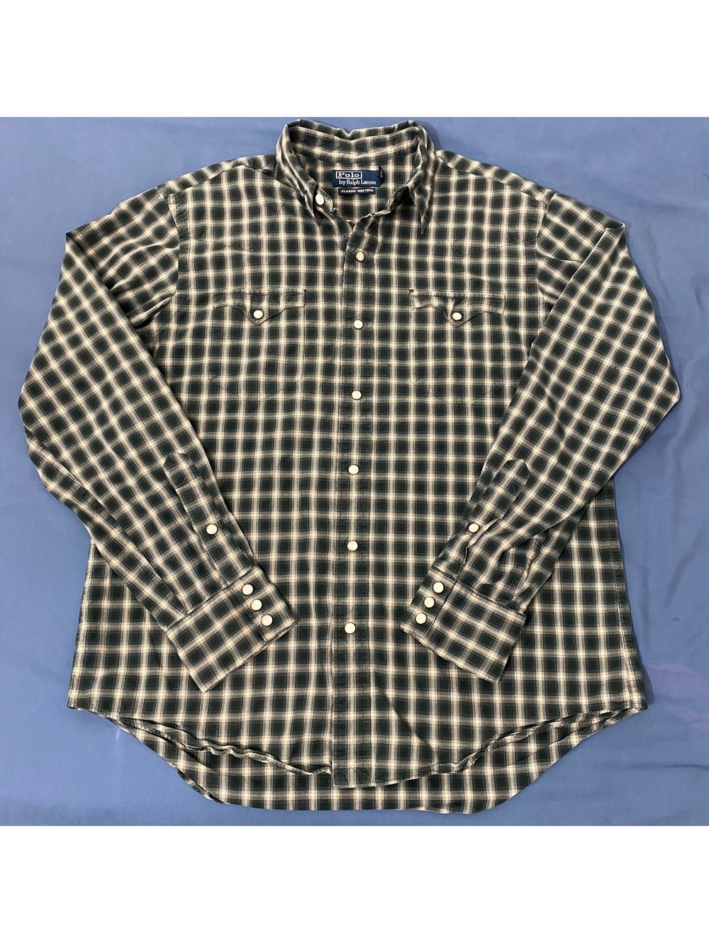 VTG Polo Ralph Lauren Classic Western Pearl Snap Shirt Green Mens Large *HOLES*